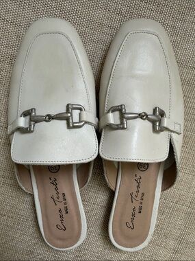 Enzo Tesoti Made in Spain Cream Leather Mules Size 39 Horsebit Loafer Slides